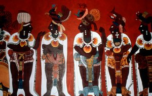 Riproduzione di un murale che mostra nobili vestiti per una cerimonia, dal Tempio dei Murali, Bonampak da Mayan